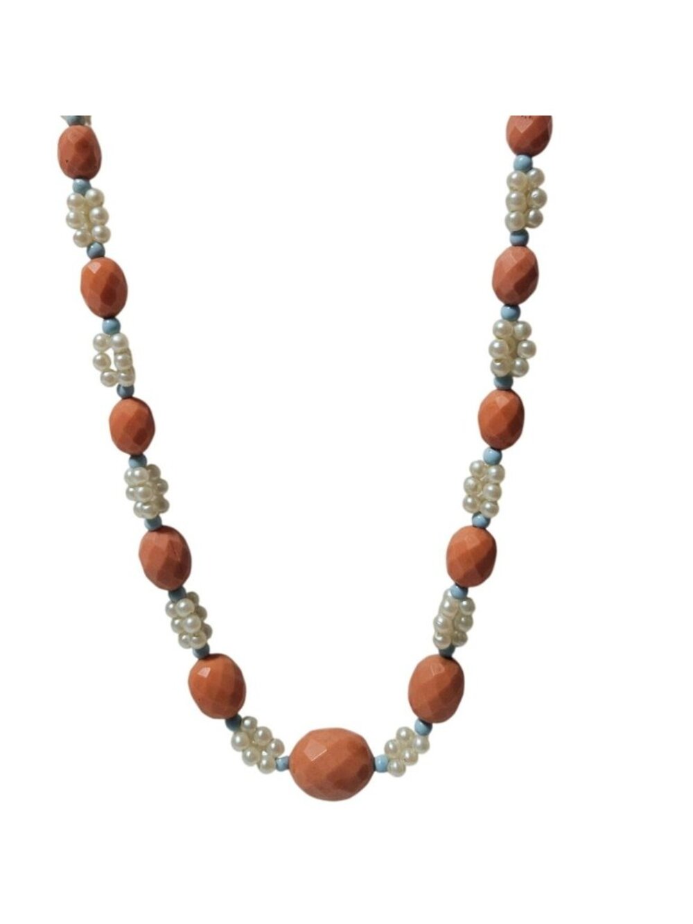 Vintage Beaded Necklace Teracotta Orange Faux Pearl Clusters Cottagecore Earthy